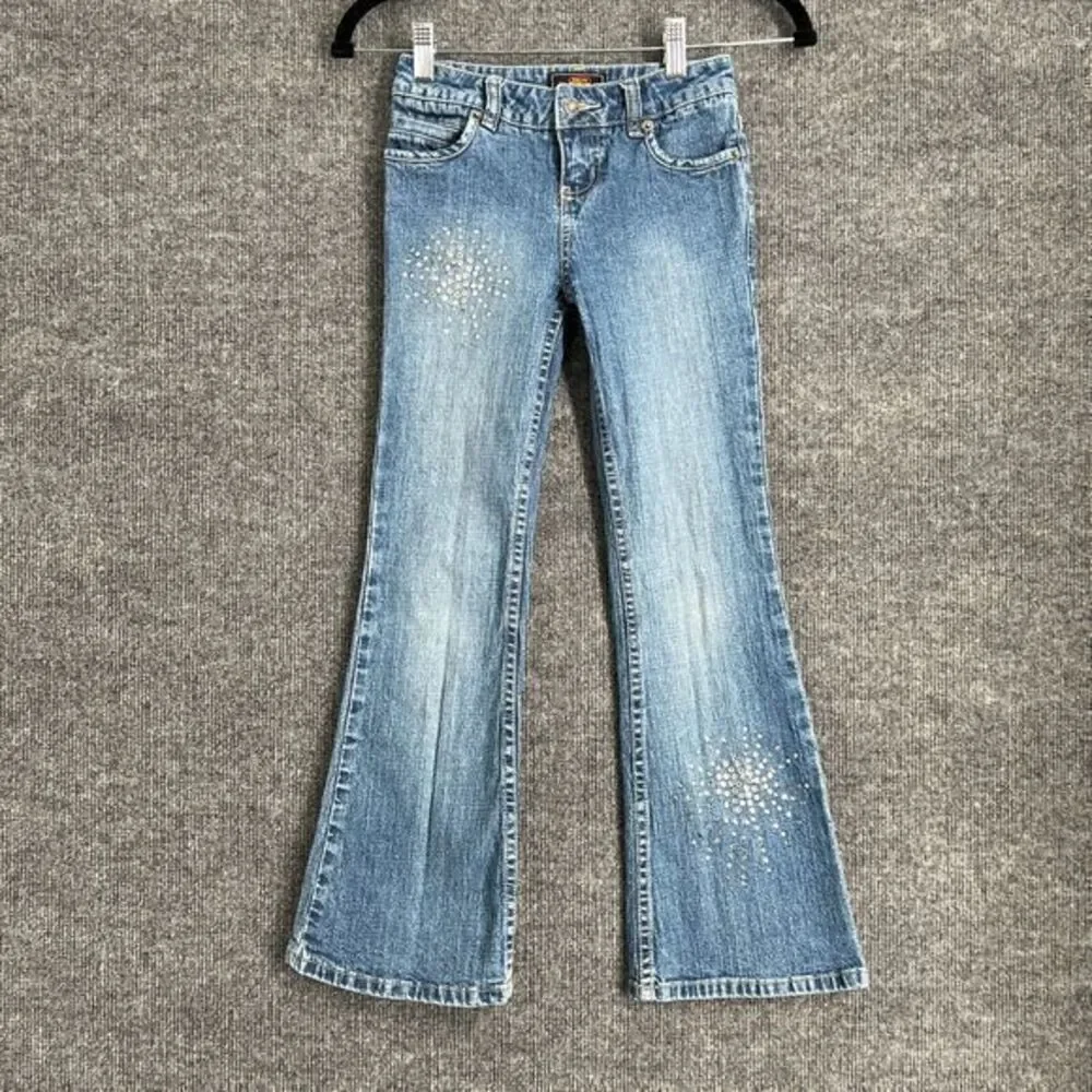 Vintage Route 66 Girls Flare Bootcut Jeans Size 8 Rhinestone 90s Stretch Denim